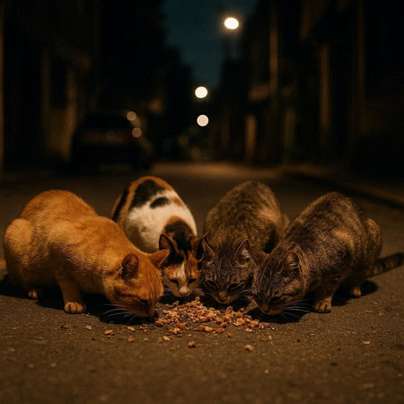 Group of stray cats eating food on the street in the night.