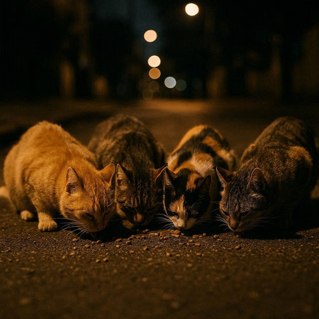 Group of stray cats in the street at night. Selective focus.の写真素材