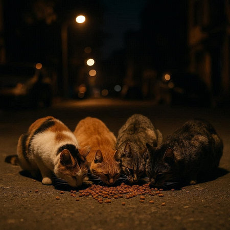 Group of stray cats eating food on the street at night. Selective focus.