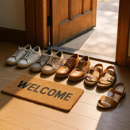 Welcome Welcome Doormat with shoes on the wooden floor at home