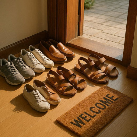 Wedding shoes in front of door with welcome welcome sign.