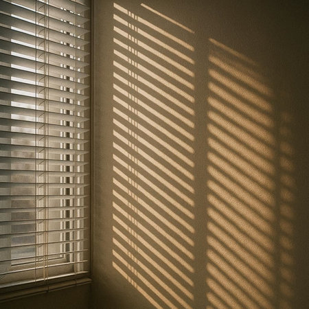 Sunlight through the blinds on the window in a room.