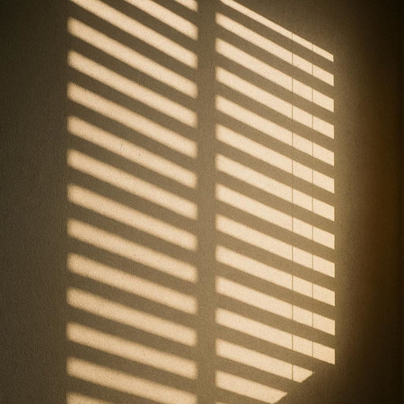 Sunlight through the blinds on a wall in the room.