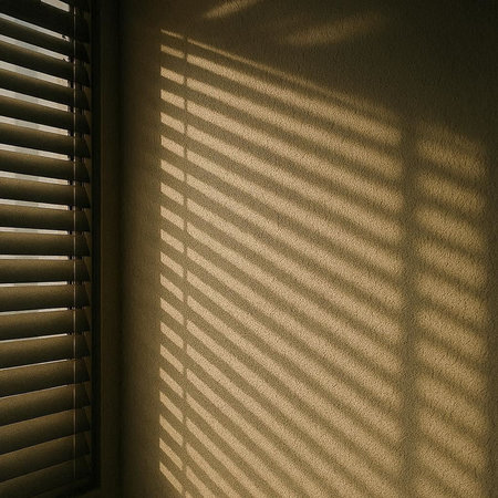 Sunlight through the blinds on the window in the morning.