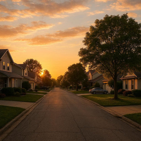 Sunset over the street in a suburban neighborhood in Baltimoreland.