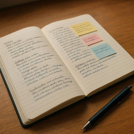Notebook and pen on the wooden table. Focus on the notebook.