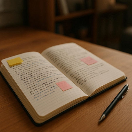 Notebook and pen on a wooden table. Selective focus.