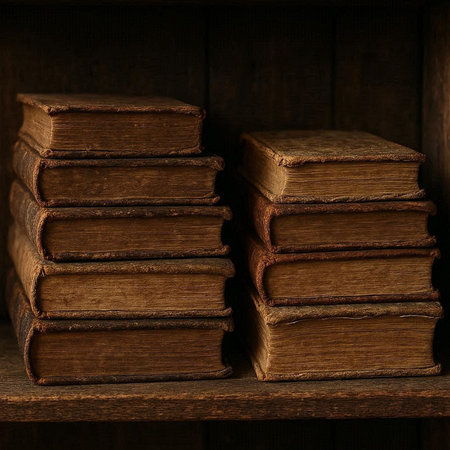 Stack of old books on a wooden shelf in the library. Toned.