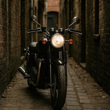 Retro motorcycle parked in the street. Classic motorcycle in the city.