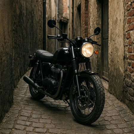 Classic custom motorcycle parked in the streets of european city.の写真素材