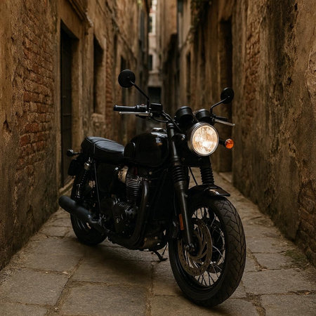 Black vintage motorcycle parked in the old town of Bologna, Italy