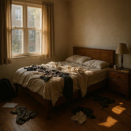 Interior of an old bedroom with a wooden bed and a window