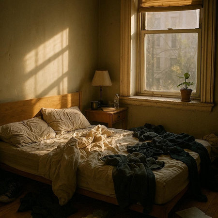 Interior of a room with a bed and a window overlooking the countryside