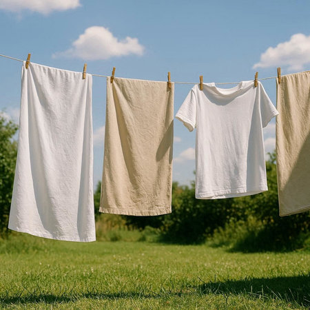 Laundry drying on the clothesline in the summer sun.の写真素材