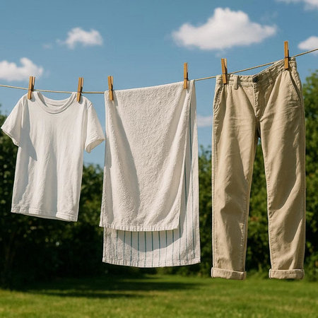 Washing and drying clothes on a clothesline in the garden.