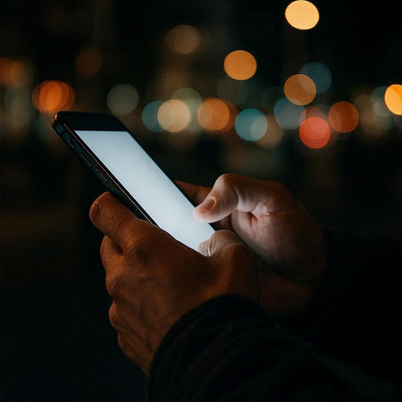 Close up of a man using mobile smart phone at night with bokeh background