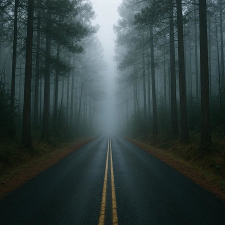 Road in the misty pine forest. Misty road in the forest.の写真素材