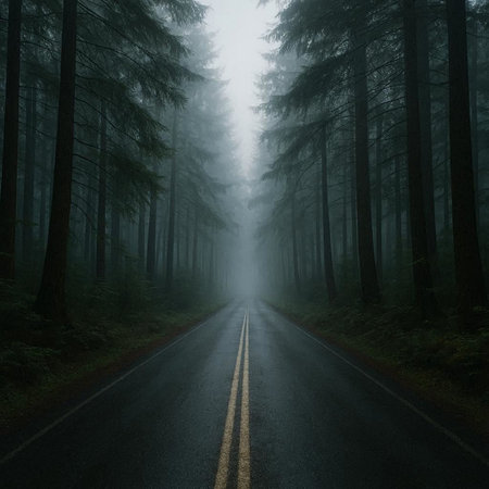 Foggy road in the forest with a pine tree in the foregroundの写真素材