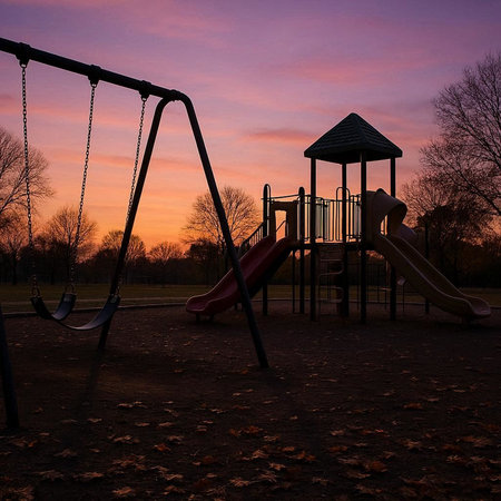 Playground in the park at sunset. Colorful evening sky.