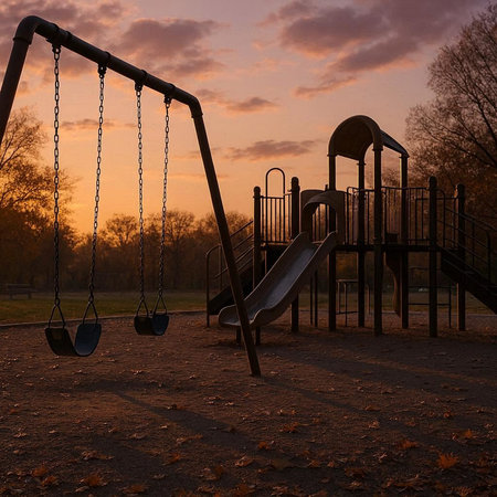 Playground in the park at sunset. Children's playground with swings.