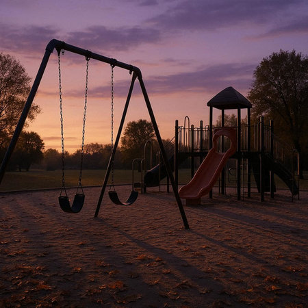 Children's playground in the park in the evening at sunset. The children's swing.の写真素材