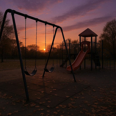 Playground in the park at sunset. 3d render illustration.