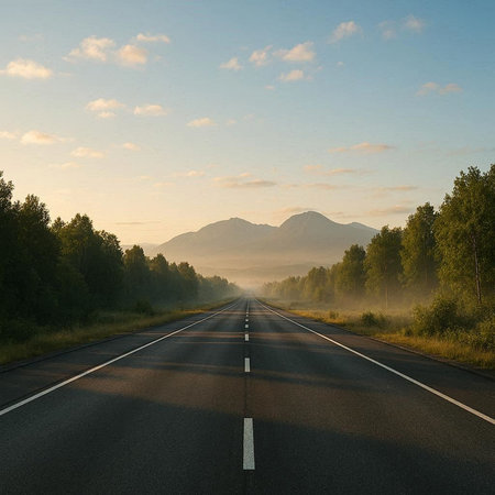 Road in the forest in the early morning. Beautiful summer landscape.