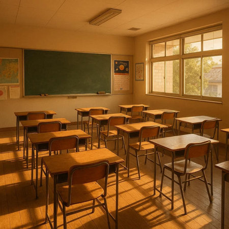 Classroom with wooden chairs and a blackboard in the background.