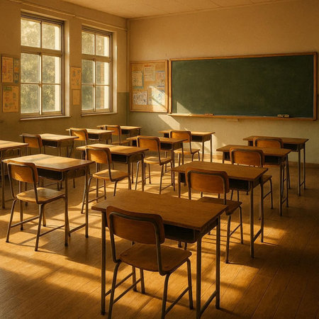 Classroom in an old school with wooden chairs and blackboard.