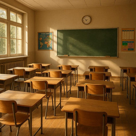 Classroom with desks, chairs and chalkboard in the background.