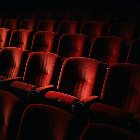 Cinema auditorium or cinema hall with rows of red seatsの写真素材
