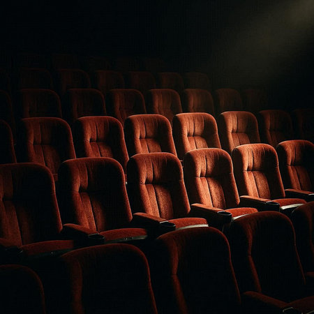 Cinema auditorium with seats and spotlights in the dark