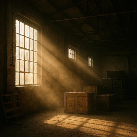 Old abandoned factory interior with sun rays coming through the window. 3D renderingの写真素材