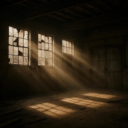 Interior of an old abandoned factory building with sunlight coming through the window