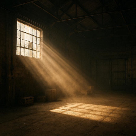 Sunlight through the window in an old abandoned building, 3d render