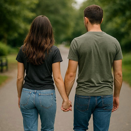 Rear view of young couple holding hands and looking at each other while walking in the park