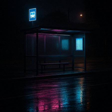 Bus stop at night with a blue light sign. 3d renderingの写真素材
