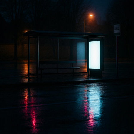 Empty bus stop at night with light reflections on the wet surface.の写真素材