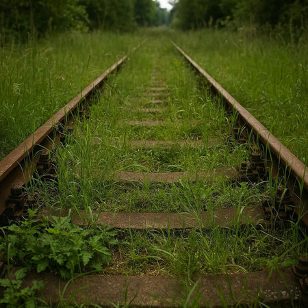 Abandoned railway tracks in the countryside. Shallow depth of field.の写真素材