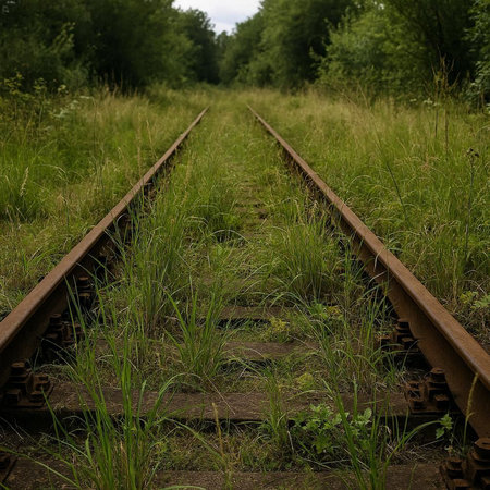 Railway tracks in the green grass. Railway in the forest.の写真素材