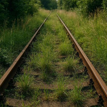 Railway tracks through the green grass in the forest. Summer timeの写真素材