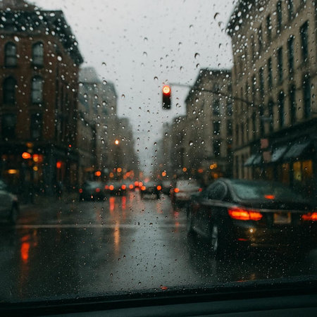 Rainy day in Boston, Massachusetts, USA. View from the car window.