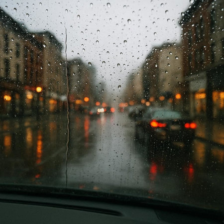 Rain drops on the glass of a car on a rainy day.