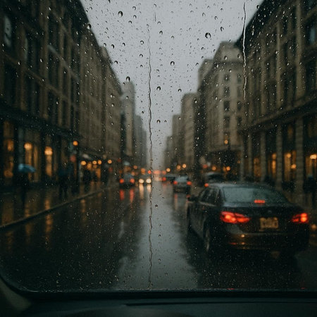 Rain drops on the glass of a car on a rainy day.