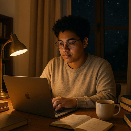 Portrait of young man using laptop while sitting at table in dark room