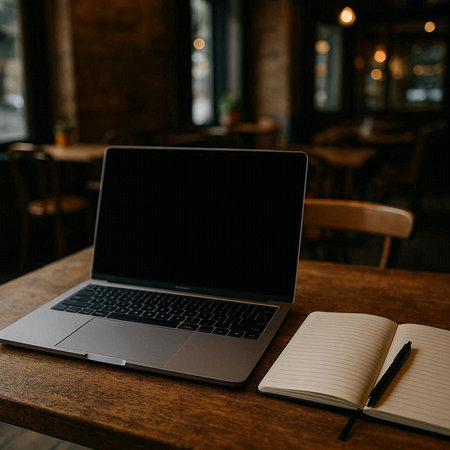 Laptop with blank screen and notebook on wooden table in cafe.