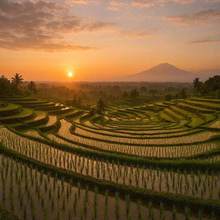 Rice terraces in Bali, Indonesia. Beautiful sunset over rice fields.