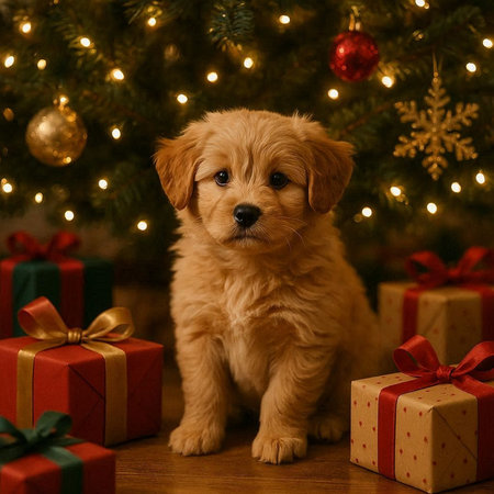 Cute Golden Retriever puppy near christmas tree with gifts