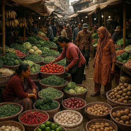 People at a vegetable market in the city of Kathmandu in Nepal.