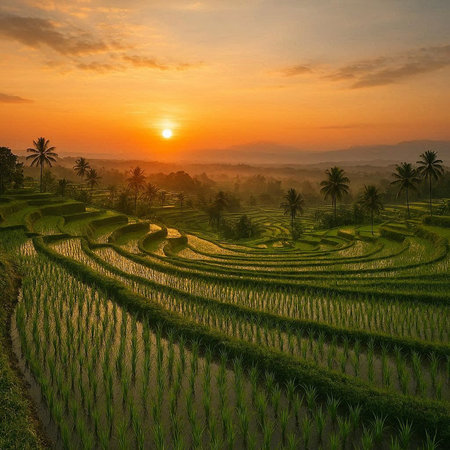 Terraced rice fields in Bali at sunset, Indonesia.